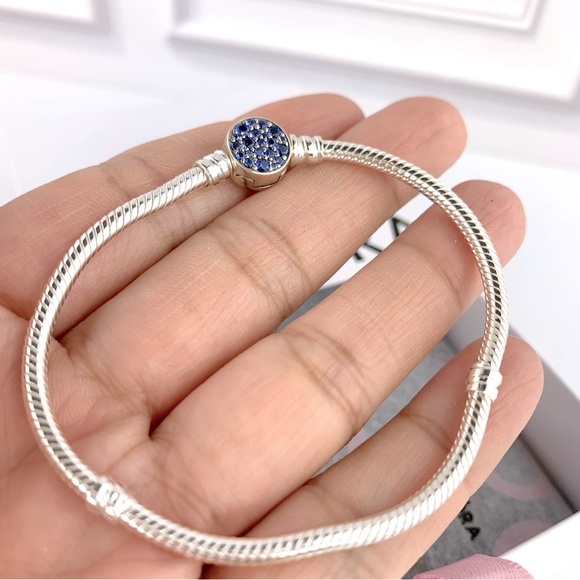NEW! Pandora Moments Sparkling Blue Disc Clasp Snake Chain Bracelet Size 7.1" - Picture 9 of 13